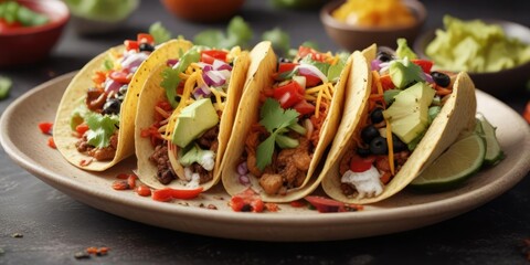 Spicy taco with a variety of toppings on a plate , meat, tomatoes, sauce
