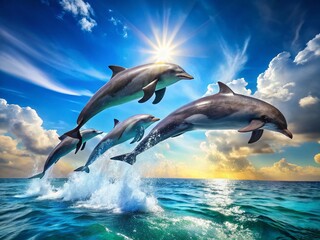 Obraz premium Majestic Dolphins Leaping in Unison: Breathtaking Ocean Wildlife Stock Photo
