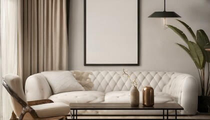 Mockup poster frame on the wall of living room. Luxurious apartment background with contemporary design. Modern interior design. 3D render, 3D illustration See Less