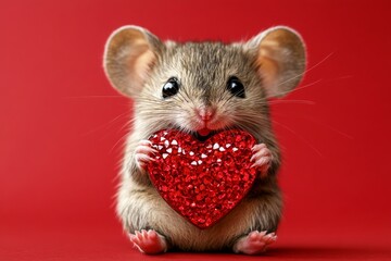 Ad creative. Mouse - my beloved animal. Cute mouse baby with sparkling rhinestones red heart - sign of love, funny greeting card. Ad idea. Valentine's day card ideas. Valentine's day animals.