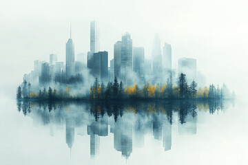 Fototapeta premium Cityscape Island Foggy Reflection Serene Tranquil