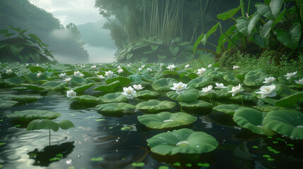 Lush green lily pads with white flowers floating on serene pond, surrounded by tropical foliage and misty mountains