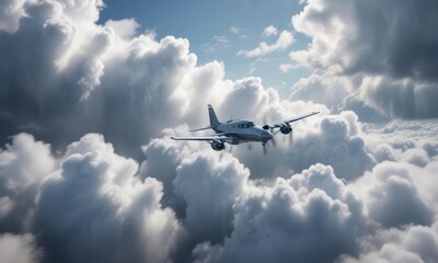 Obraz premium Plane flying through a dense nimbostratus cloud layer with low visibility and precipitation, air travel, precipitation