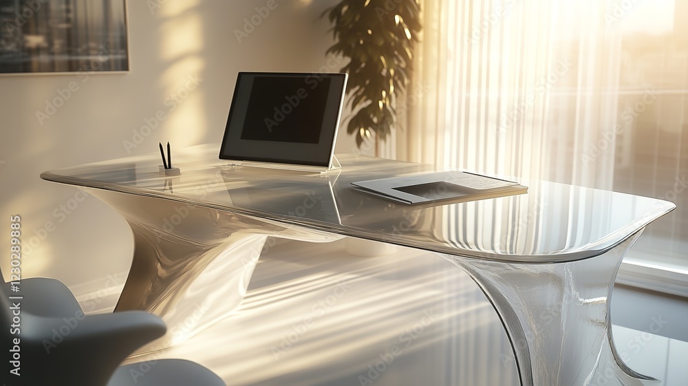 Poster a sleek and modern minimalist desk setup with clean lines, neutral tones, and an organized workspace