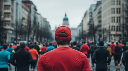Man in red shirt at a marathon, city background.