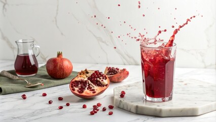 Pomegranate juice splashing into a glass on a marble countertop, energizing fluid, nutritious drink, liquid flowing, antioxidant rich