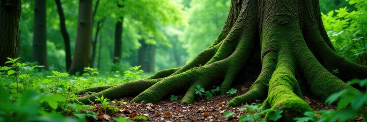 Forest floor wraps around majestic oak's roots, ferns, green
