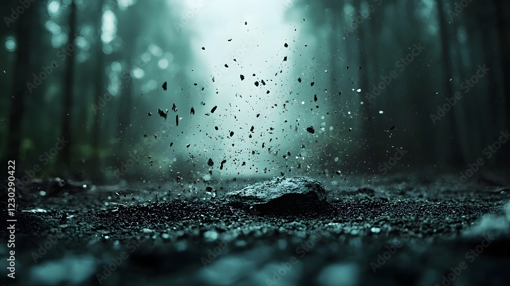 Poster enchanting misty forest with raindrops cascading through the verdant landscape a serene and atmosphe