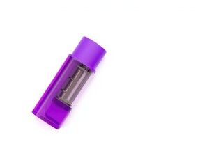 Purple asthma inhaler placed on a plain white background, medication, asthma, medical