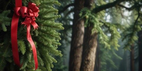 Red ribbon wrapped around a large fir tree branch, festive atmosphere, firl tree branch