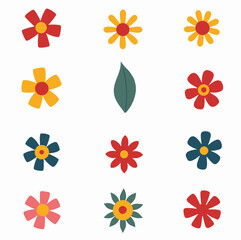 Collection of spring colorful flower elements vector. Set floral of wildflower, leaf branch, foliage on white background. Hand drawn blossom illustration for decor, easter, thanksgiving, clipart.