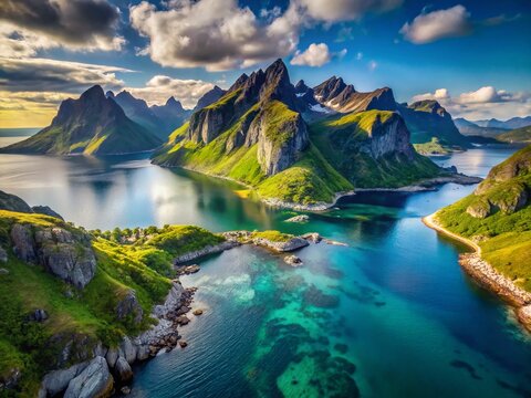 Majestic Husoy Fjord: Aerial Drone View of Norway's Dramatic Coastline