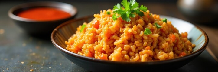 Kimchi fried rice with a side of spicy Gochujang sauce, bold flavors, condiment