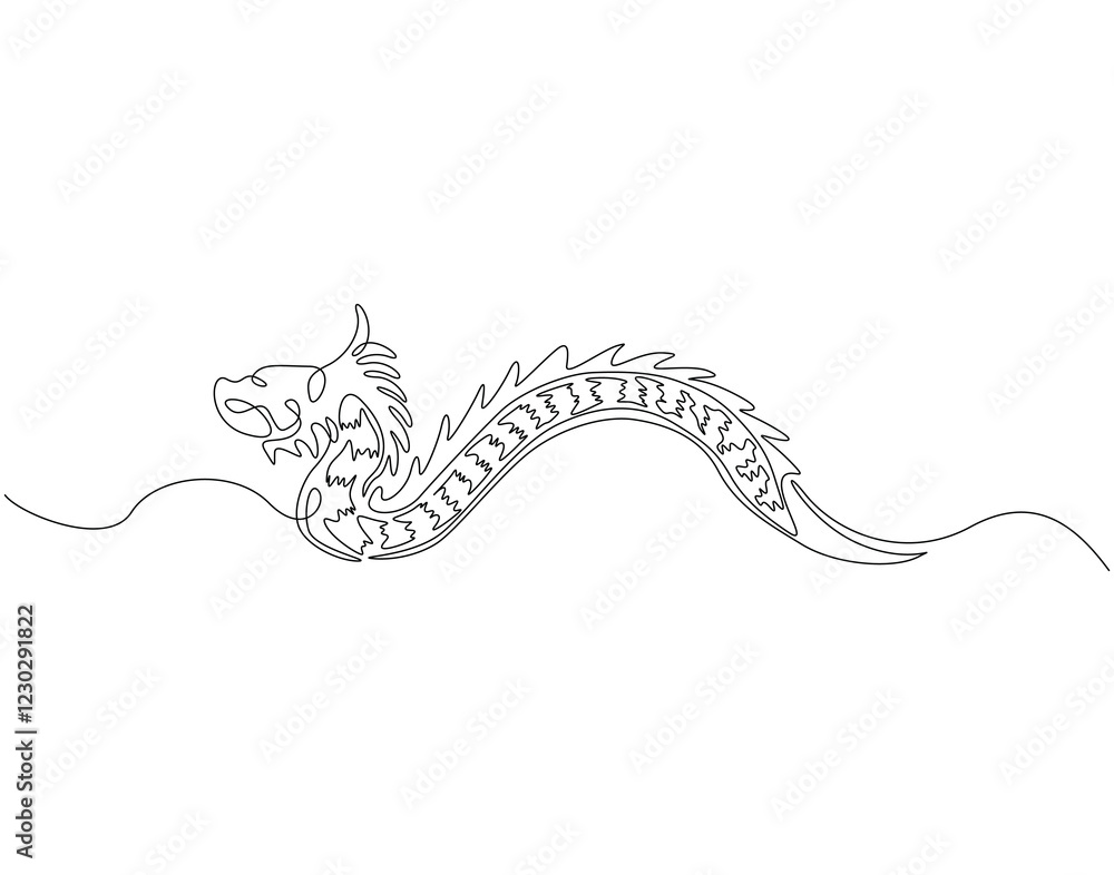 Wall mural Continuous one line drawing of chinese dragon. One line drawing illustration of dragon mythology monster. Appreciate dragon day, chinese year concept single line. Editable outline