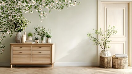 Cozy and Inviting Minimalist Room with Elegant Wooden Furniture Floral Accents and Nature Inspired Decor  Serene Tranquil and Relaxing Atmosphere for Home Living and Lifestyle
