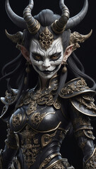 Fototapeta premium Dark fantasy warrior black and gold armor, large curved horns, wearing an eerie white mask with tribal markings