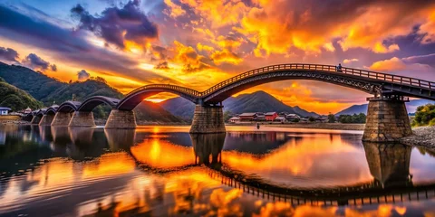 Majestic Kintai Bridge Silhouette at Sunset, Iwakuni, Japan