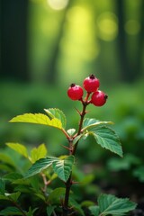Obraz premium Low bush cranberry with red berries and thorns, thorny shrub, forest floor, woodland