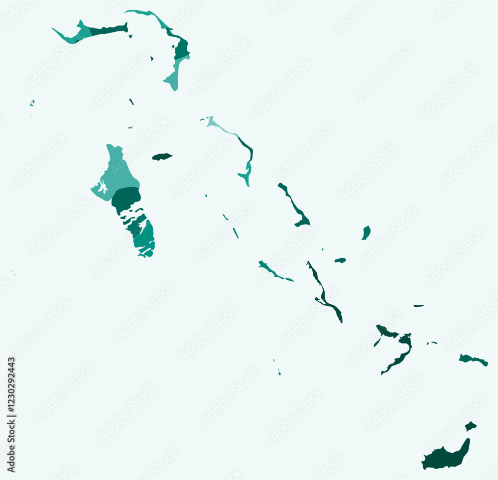 Poster map of bahamas with regions. just a simple country border map with region division. teal color palet