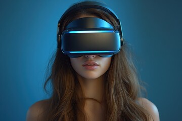 Naklejka premium Young woman experiences virtual reality technology in a modern setting with blue lighting