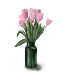 Tulips in the jug . Spring flowers illustration. Hand draw