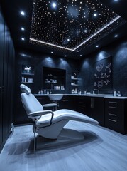 Modern spa room, reclining chair, starry ceiling, dark decor, treatment