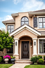 Luxury House Exterior: Modern Brick Home with Landscaping and Garden. Beautiful Home Design and Architecture. Real Estate Photography