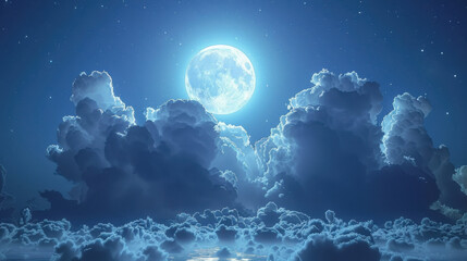 Obraz premium Bright and full moon shining in dark night sky with clouds