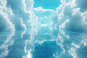 Stunning reflection of clouds over a serene, glossy surface under a bright blue sky