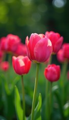 Obraz premium Rosa tulipanes floreciendo en un jard?n de primavera, florales, jard?n