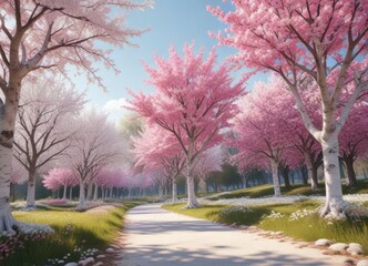 Fototapeta premium Scenic view of white and pink trees in full bloom in a springtime setting, nature, flora, trees