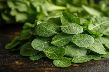 Fresh Green Spinach Leaves On Dark Wood Surface