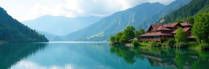 Fototapeta premium Serene lake scene with Shangrila Resort in the background, calm water, lower kacura lake