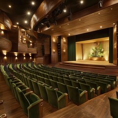Elegant theater interior with green seats and warm wooden decor.