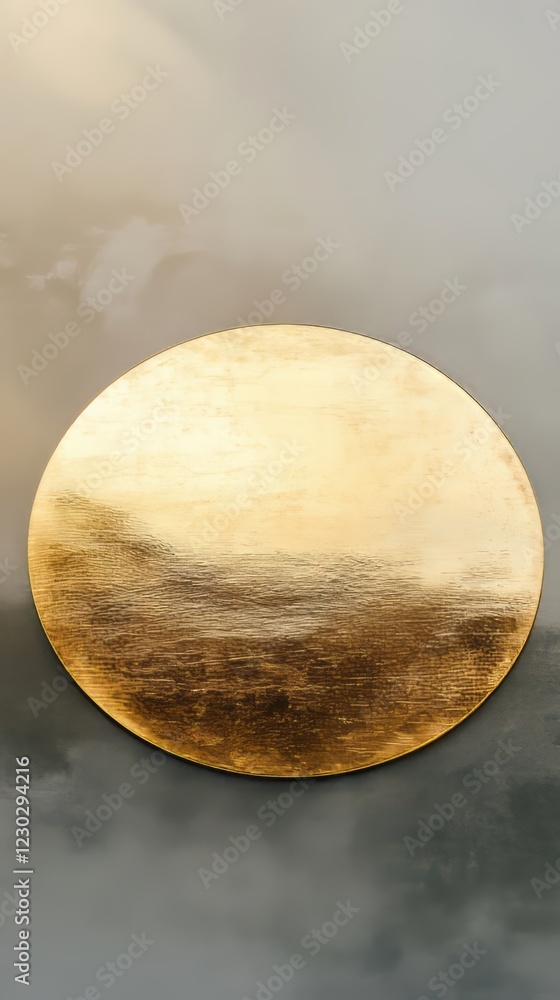 Poster a golden disc set against a cloudy sky, offering a mystical and elegant visual with subtle reflectio