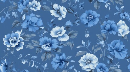 Floral Seamless Pattern Featuring Blue Flowers and Leaves, Elegant Textile Design Depicting Nature's Beauty Against a Soft Blue Background