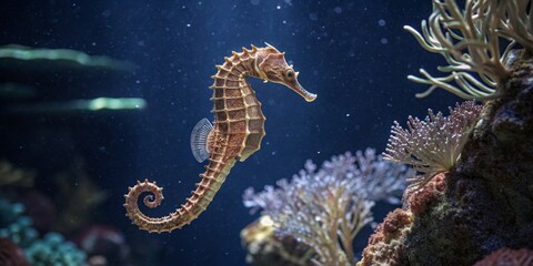 Underwater view of a seahorse swimming gracefully among colorful corals in a vibrant marine habitat