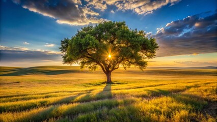 Fototapeta premium Majestic Mulberry Tree Solitary in Vast Steppe Landscape - Stunning Nature Photography