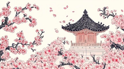 Tiny Shrine Amidst Blooming Peach Trees, an ink illustration depicting a quaint wooden shrine enveloped by delicate, soft pink blossoms in a tranquil setting.