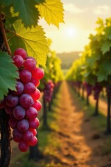 Vineyard with ripe red grapes and a sunny background, golden, harvest, ready