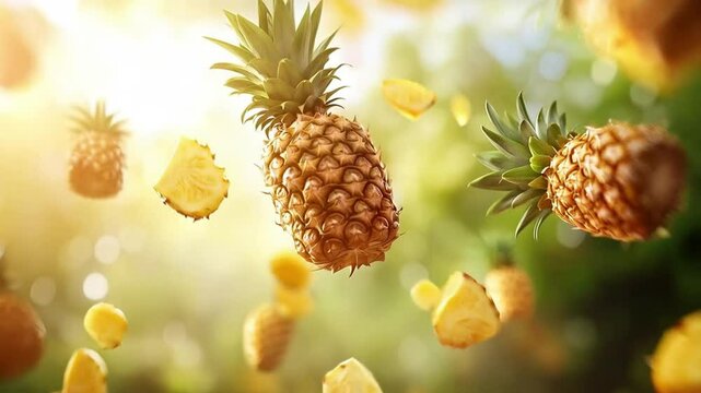 Pineapple flying scene, smooth repetitive motion for background video animation