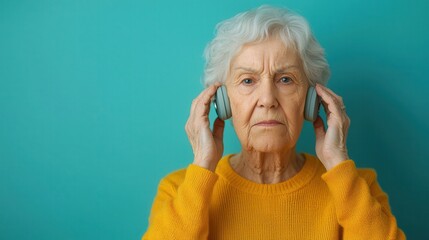 Assistive tech transforms elderly care. Elderly woman listening to music with headphones on a teal background.