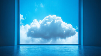 Cloud in a server room symbolizes cloud migration and digital transformation with minimalistic design and bright tone modern blurred empty space for caption

