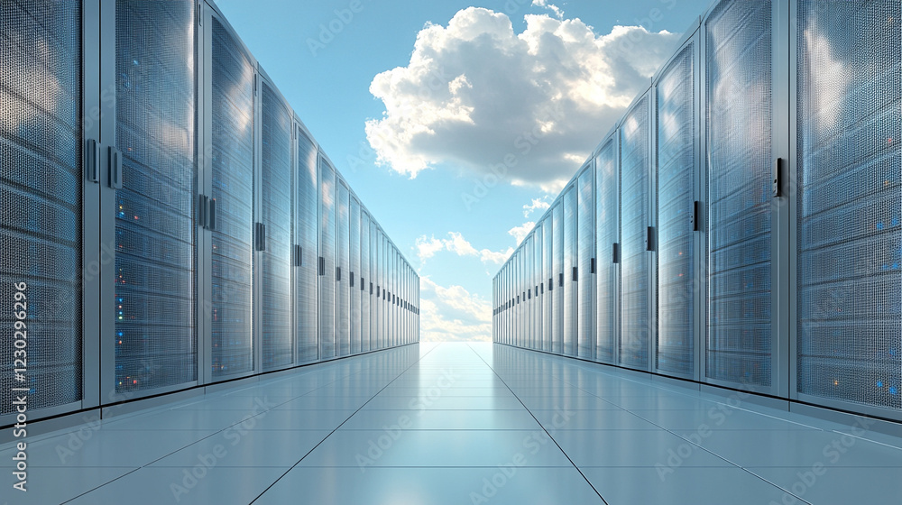 Poster cloud in a server room symbolizes cloud migration and digital transformation with minimalistic desig