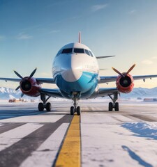 Snow-covered airplane parked at airport runway with clear blue sky behind it, runway, airplane