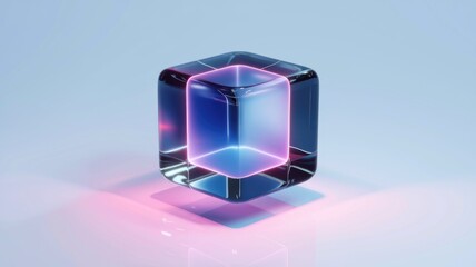 A glass cube with neon pink and blue inner glow, modern and abstract.
