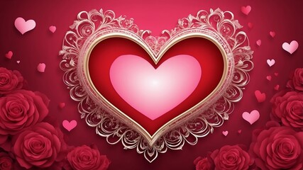 Elegant Ornate Heart with Red Roses and Pink Hearts, perfect for Valentine's Day cards and romantic designs.