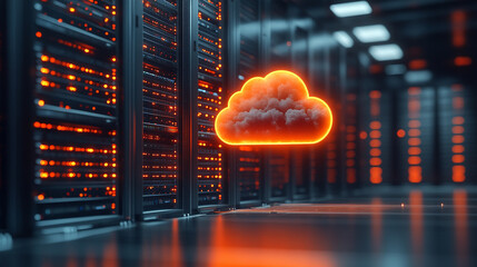 Cloud in a server room symbolizes cloud migration and digital transformation with minimalistic design and bright tone modern blurred empty space for caption

