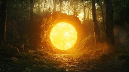 A glowing portal in the middle of a forest or desert.