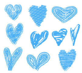 Hand drawn blue crayon heart in different forms, sketched vibrant hearts on transparent background,  vector blue heart icon set, Crayon scratch texture shape children kid naive.